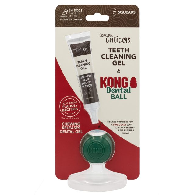 Set igienă orală Enticers - gel dentar aromă piept vită afumat & minge dentiție Kong - SM (pentru câini între 2 - 11 kg)